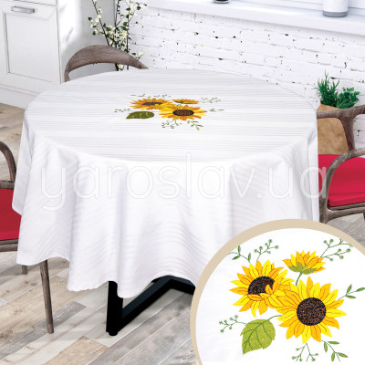 Obrus bawełna z haftem biała okrągła 003 słoneczniki TM Jarosław