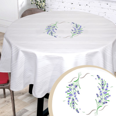 Obrus bawełna z haftem biała okrągła 001 lawenda TM Jarosław